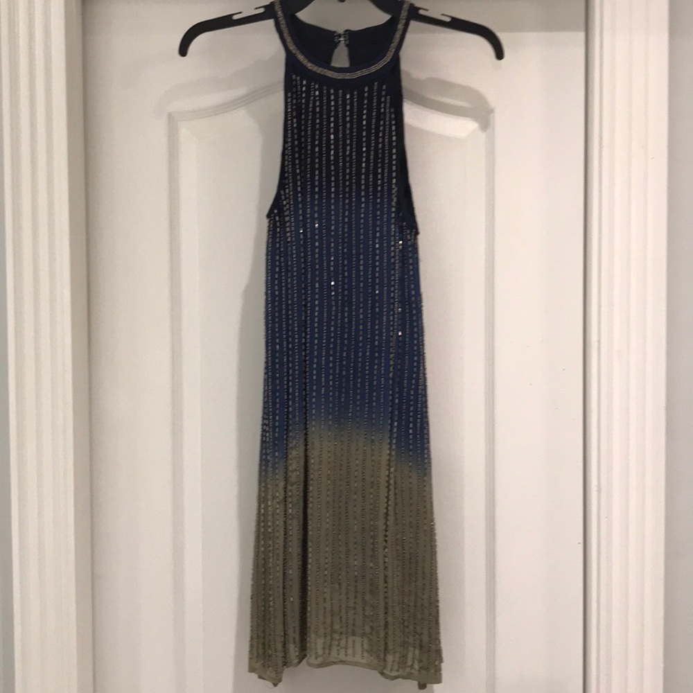 navy/tan/gold cocktail beaded dress
